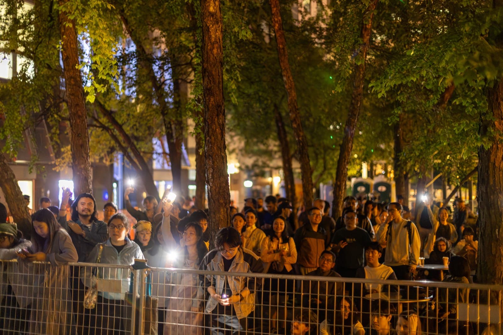 The audience presses against the barricade under string-lit trees at the OLG Village stage as Duck Society plays